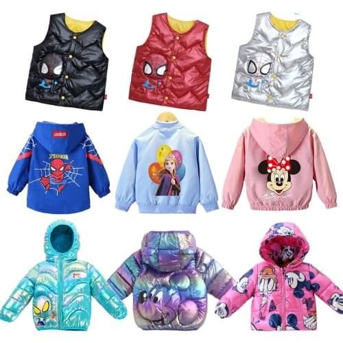 Disney Mickey Minnie Mouse Down Jackets Baby Girls Anna Elsa Coats Boys Spiderman Hoodies Outwear Children Autumn Winter Clothes