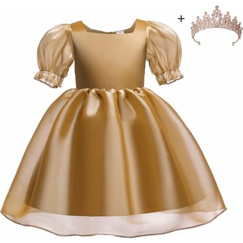 Girls Puff Sleeve Palace Style Princes Dresses Kids Smooth polyester Dress Children Wedding Party Ball Gown Costumes With Crown