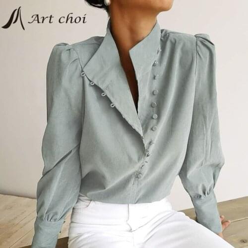 French Women Fashion Tops T Shirt Spring Summer Loose Elagant Blouse Puff Sleeve Mandarin Collar Female Work Office Ladies