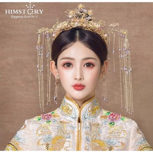HIMSTORY Vintage Chinese Gold Wedding Crown Retro Bridal Purple Beaded Luxury Hairwear Wedding Jewelry Hair Accessories