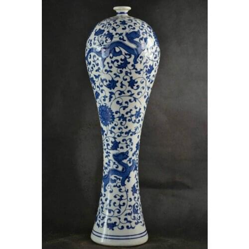 12.4'' Exquisite Chinese Old Handwork Blue and White Porcelain Drawing Flower & Dragon Lucky High Vase