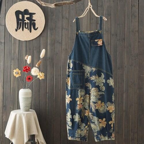 Fashion 2021 Spring Floral Overalls Rompers Woman Loose Jeans Long Wide Leg Pants Strap Denim Jumpsuits Suspenders Cowboy Pocket