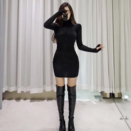 Korean Sexy Winter Womens Knitting Skinnly Bodycon Cotton Long Sleeve Half Turtleneck Girls Slim Little Black Fitting Dress 3618