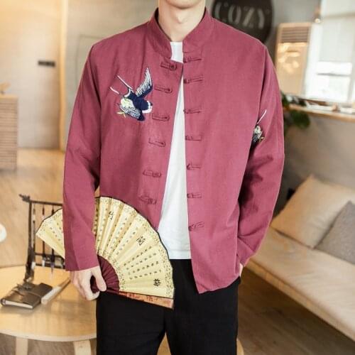Autumn Chinese Style Mens Clothing Cotton Linen Vintage Embroidery Large Size Jacket Recluse Buckle Casual Traditional Coat