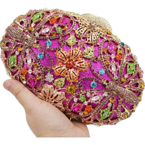 Fashion Fuschia butterfly Women Crystal Bags Female Rhinestone Evening Bags Wedding Purse SC917