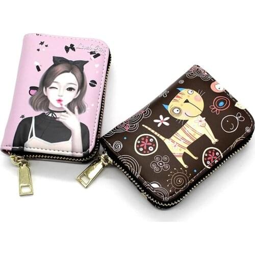 Fashion Printed Girls Women Organ Card Bag PU Leather Wallet Cute Business Card Case Credit Card Holder Mini Zipper Clutch Bag