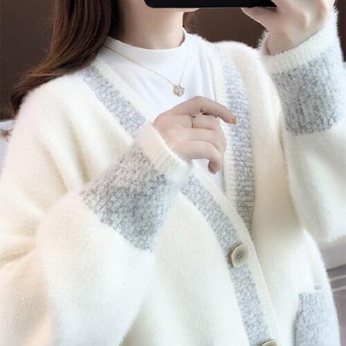 2021 New Spring Autumn England Style Knitting Cardigan All-Match Outwear Women Fashion Loose Paragraph Mink Sweater Coat A800