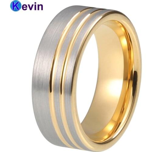 Yellow Gold Wedding Band Tungsten Carbide Engagement Ring For Men Women With 2 Offset Grooves Flat Band Comfort Fit