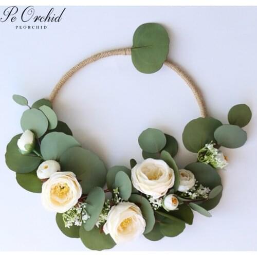 PEORCHID Green Eucalyptus Flowers Wedding Hoop Bouquet Bride Hoop Wreath Bridesmaid Gift Bridal Bouquet Floral Wall Decor 2019