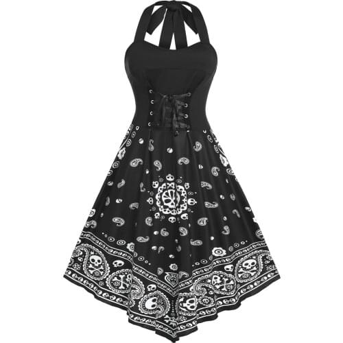 ROSEGAL Plus Size Halter Lace Up Skull Paisley Print Backless Dress Gothic Women Dress Halloween Sleeveless Midi Party Dresses