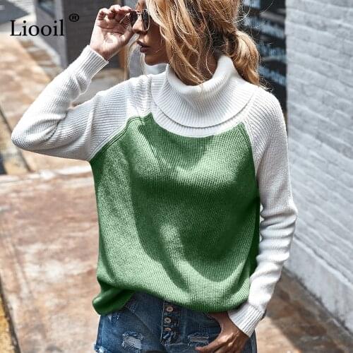 Liooil Loose Knitted Sweater Women 2020 Autumn Winter Turtleneck Long Sleeve Casual Women Winter Patchwork Tops And Pollovers