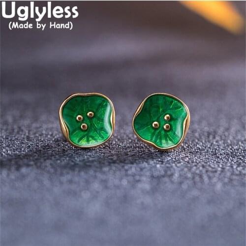 Uglyless MINI Lotus Leaf Studs Earrings for Women Summer Dress Brincos Real 925 Silver Lotus Leaves Earring Gold Fashion Jewelry