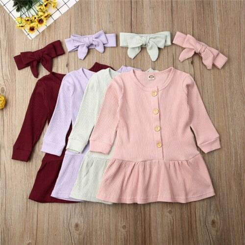 1-5Years Newborn Toddler Baby Girls Autumn Clothes Set Knitted Long Sleeve Button Sweater Dress Headband Children Girls Outfits