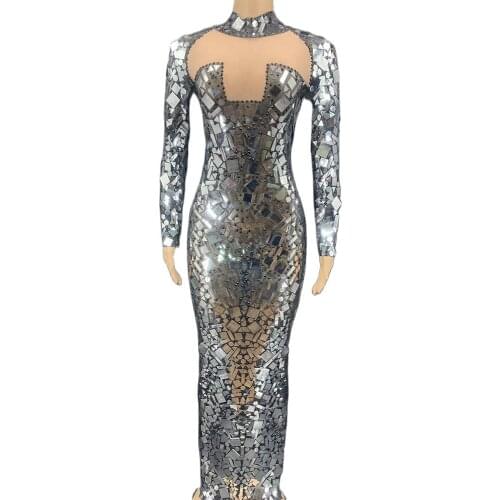 Long Sleeves Mirror Reflective Perspective Gauze Women Dresses Inlaid Diamond Sparkling Floor-Length Dresses Stage Wear Lady