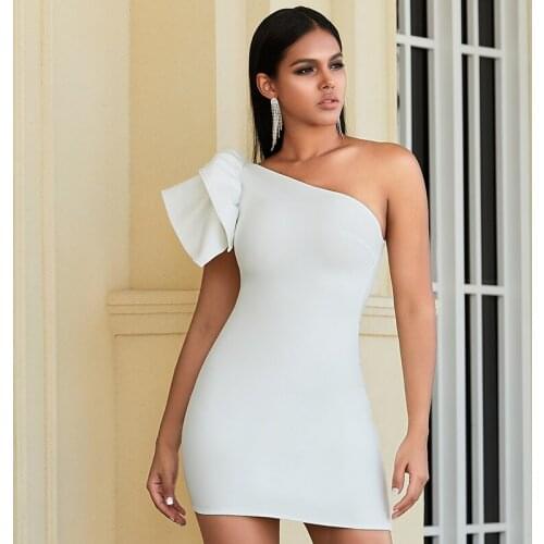 Seamyla 2021 New Ruffles White One Shoulder Mini Bodycon Bandage Dress Sexy Women Summer Evening Club Night Party Out Wear Dress