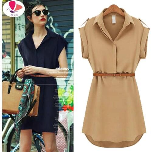 2021 Women Summer Mini Dress Shirt Notched Neck Short Solid Plus Size Chiffon Casual Office Dresses With Belt Vestidos De Festa