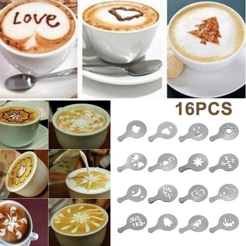 Food Grade PP Plastic 16Pcs DIY Coffee Stencils Latte Cappuccino Mold Art Baking Stencils Template Restaurant Tools