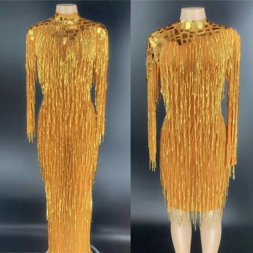 Shining Gold Rhinestone Dress Fringe Long Dress Women Birthday Party Wear Sexy Nightclub Singer Long Sleeve Mirror Dresses DT5