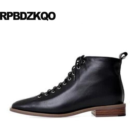 Block Fall Vintage Black Women Shoes Booties Square Toe Retro Front Lace Up Casual Ankle Boots Autumn Genuine Leather Fur Chunky