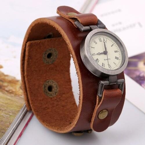 Gnova Platinum Small Dial Unisex Vintage Punk Genuine Leather Bracelet Wristwatch Quartz Watch Hours For Men Women A917