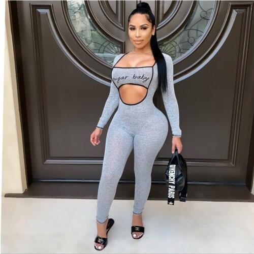 FUFUCAILLM Letter Print Women’s Jumpsuit Casual Long Sleeve Unique Hollow Out Tight-fitting Fashion Streetwear Slim Outfits