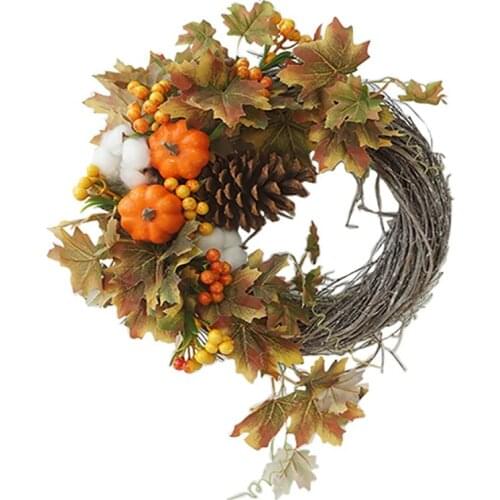 Artificial Maple Leaf Wreath with Pumpkins Pine Cone Wreath for Halloween Thanksgiving Home Indoor or Outdoor Decoration