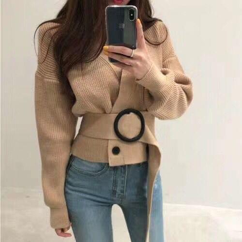 Autumn Winter Women Knitted Sweater Cardigans Chic Double-Breasted Cardigans V-Neck Belted Knitwear Short Top Sweater Outerwear