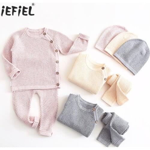 Baby Boy Girl Clothes Sets Spring Solid Sleepwear Newborn Baby Girl Clothing Long Sleeve Tops+Pants Outfit Knitting Baby Pajamas