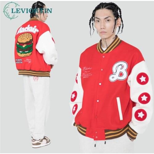 Hip Hop Mens Oversized Baseball Jackets Streetwear Women Embroidered Hamburger Patchwork Red Varsity Bomber Jacket Coats