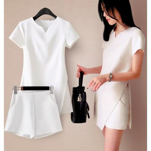 2020 New Womens Fashion White Black Suit Split Shirt and Shorts Summer Casual Ladies Office Workt Two-piece Suit Set
