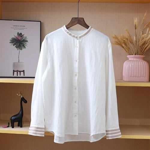 New Spring Women Blouse Japan Style Mori Girl Cotton Stand Collar Long Sleeve Solid Color Loose Casual White Shirt Women