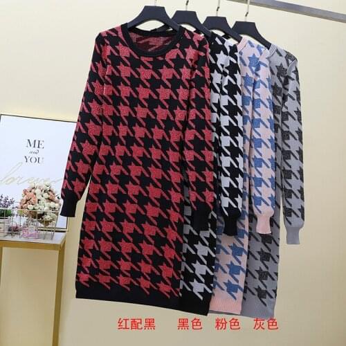 2021 Autumn winter slim bag hip bottoming Dress female long-sleeved O neck houndstooth bright silk knitted dress