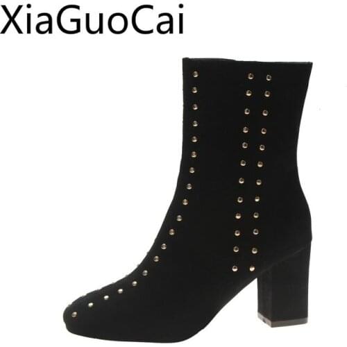 Sexy Womens Casual Boots Thick with Elastic Thin High Heels Martin Boots Rivet Ankle Boots Womens Winter Warm Shoes