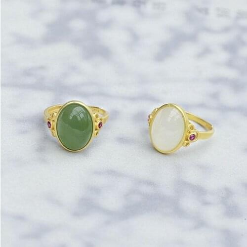 Pink White Green Natural Hetian Jade Green Jade White Jade Ring S925 Sterling Silver Jade Female Adjustable Ring Simple