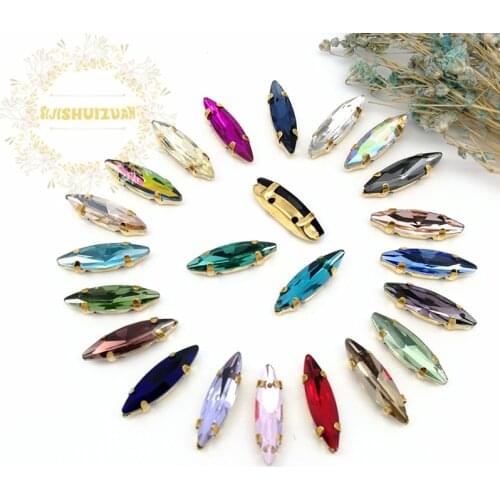 4*15mm Horse eye Crystal Glass Sew-on Rhinestones gold Bottom with claws DIY Womens Dresses 20pcs