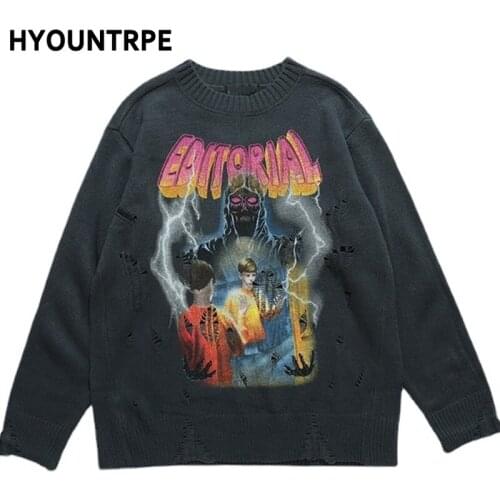 Mens Hip Hop Ripped Holes Streetwear Harajuku Graffiti Printed O-neck Knitted Sweaters Unisex New Casual Cotton Pullover Sweater