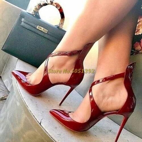 Shoes Woman High Heel Womens Pumps Pointed Toe Slip On Patent Leather Wine Solid Glitter Party Shoes Thin Heel Cross Strap