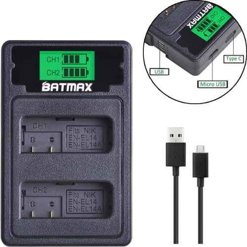 LCD USB EN-EL14 EL14a EN EL14 Battery Charger with Type C Port for Nikon D5200 D3100 D3200 D5100 P7000 P7100 MH-24