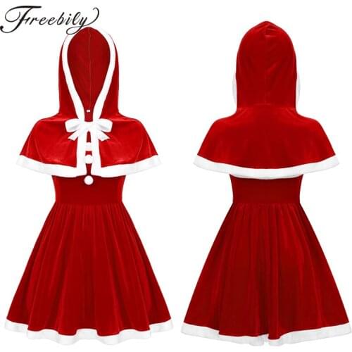 Women Christmas Reindeer Costume Soft Velvet Knee Length Dress with Hooded Cape Outfit Xmas Holiday Theme Party Dress up