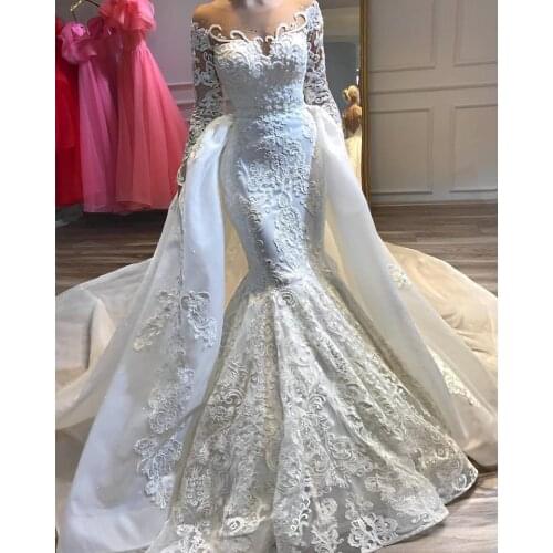 Dubai Arabic White Mermaid Wedding Dresses With Detachable Train Sheer Neck Long Sleeve Lace Beaded Bling Long Train Bridal Gown