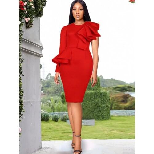 Women Red Party Dress One Shoulder Long Sleeve Ruffle Dress Celebrate Vintage Celebrate Occasion Christmas Birthday Outfits XXXL
