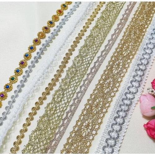 1M Beaded Lace Fabric Gold Silver Ribbon Embroidery Lace Fabric Cotton Lace Trim Collar Laces Wedding Dress cinta encaje KG05