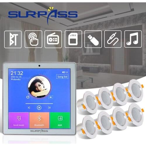 4 Channel Stereo Bluetooth Wall Amplifier Touch Screen Fm Radio Smart Home Audio System 8Ohm PA Ceiling Speaker Background Music