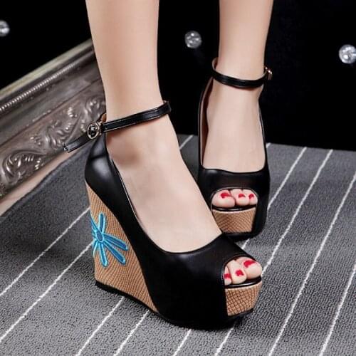 NEW Spring Fashion PU Women 2021 Party Rome Wedges 11cm Heels Basic Peep Toe Platform Buckle Strap Woman Pumps