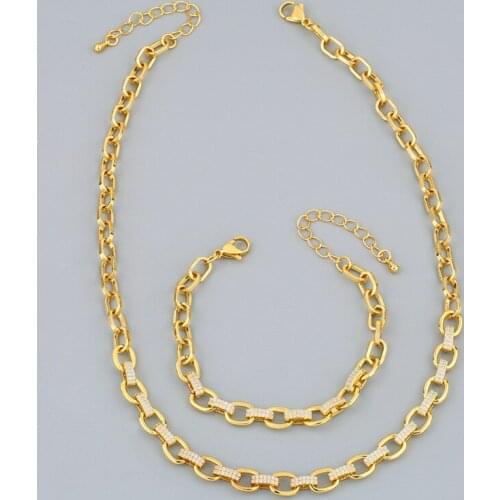 Funmode 2pcs Luxury Hip Hop Rock Gold Color Link Chain Jewelry Sets For Women Party Gifts Necklace Bracelets Sets Wholesale FS35