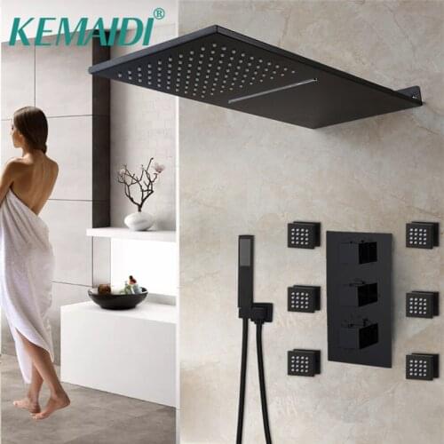 KEMAIDI Matte Black Bath Rainfall Shower Message Jets Thermostatic Mixer Wall Rainfall Bathroom Kits Hand Shower Faucet Set