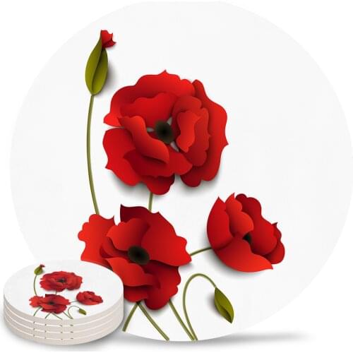 Red Flower Poppy Flower Round Coaster Coffee Table Mats Kitchen Accessories Absorbent Ceramic Coasters
