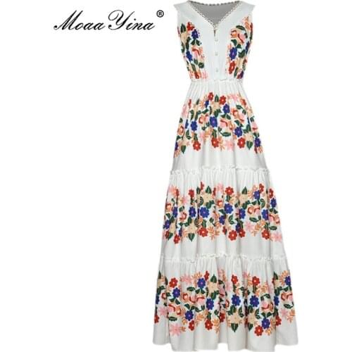 MoaaYina 2021 Summer New Floral Elegant White Dress Womens V-Neck sleeveless High waist Printed Vacation Midi Dress Vestidos