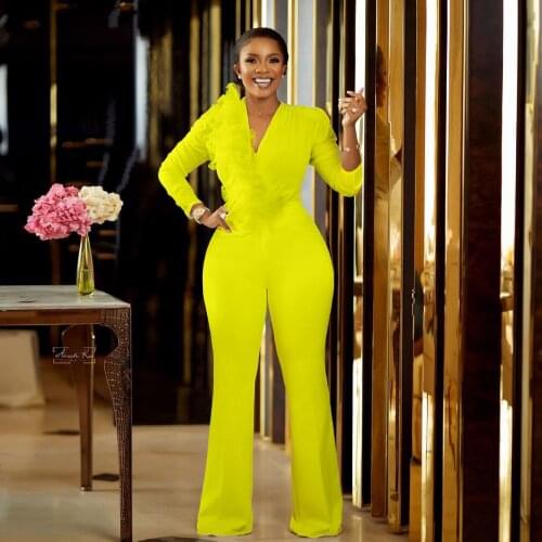 Fashion V-neck Long Sleeve African Jumpsuit Women Romper Straight Casual One Piece Solid Color Ladies Jumpsuits Plus Size 2021