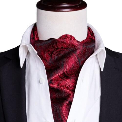 Barry.Wang Men Ascot Tie Red Floral Silk Cravat Retro Paisley Necktie Set Handkerchief Cufflinks for Gentleman Dropshipping